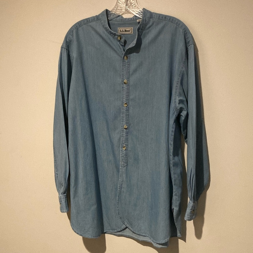 LL Bean womens collarless button down shirt large blue jeans color